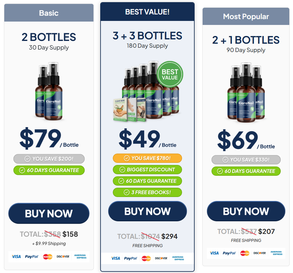 KlaroNail pricing table showing 2 bottle, 3 plus 3 bottle, and 2 plus 1 bottle package options